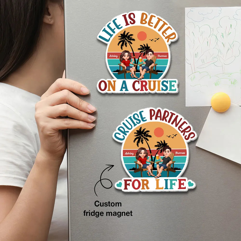Personalized Acrylic Magnet Cruise Partners For Life Retro Sunset Couple Cruise Door Decor, Unique Gift for Couples