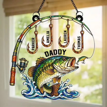 Personalized Acrylic Suncatcher Ornament for Fishing Daddy - Colorful Bass & Hooks Window Decor, Unique Gift for Dad