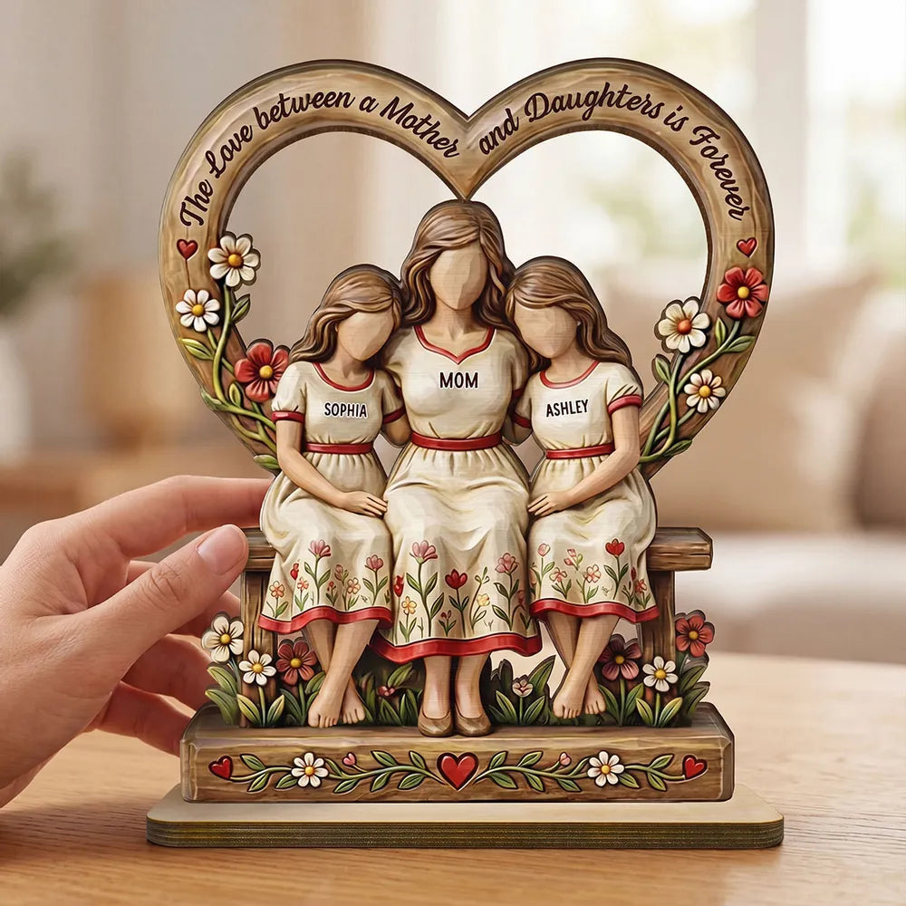 Personalized 2-Layer Wooden Plaque Mother and Daughters Sitting on Bench Heart Frame Family Keepsake - Unique Gift for Mom
