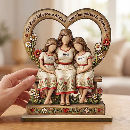 Personalized 2-Layer Wooden Plaque Mother and Daughters Sitting on Bench Heart Frame Family Keepsake - Unique Gift for Mom