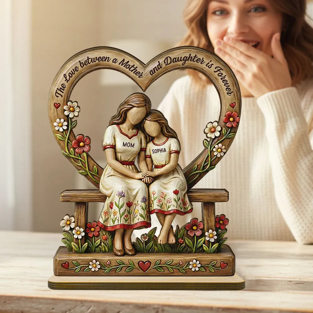 Personalized 2-Layer Wooden Plaque Mother and Daughters Sitting on Bench Heart Frame Family Keepsake - Unique Gift for Mom