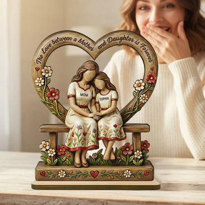 Personalized 2-Layer Wooden Plaque Mother and Daughters Sitting on Bench Heart Frame Family Keepsake - Unique Gift for Mom