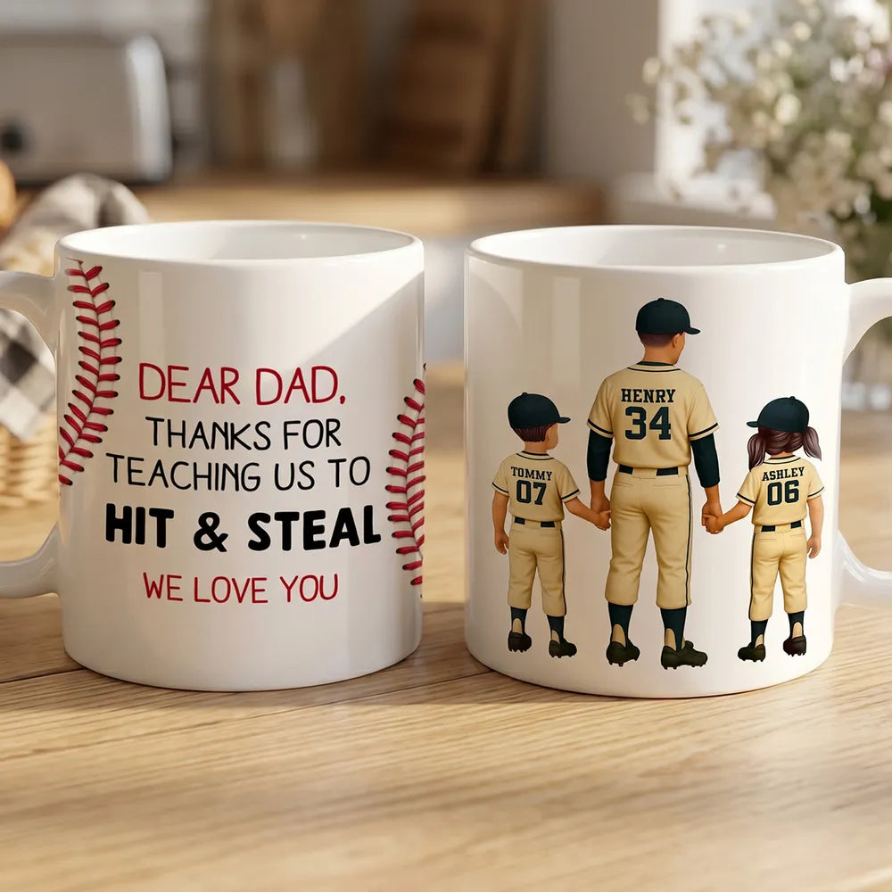 Personalized Ceramic Mug For Dad, Baseball Dad Holding Hands With Kids, Unique Father's Day Gift