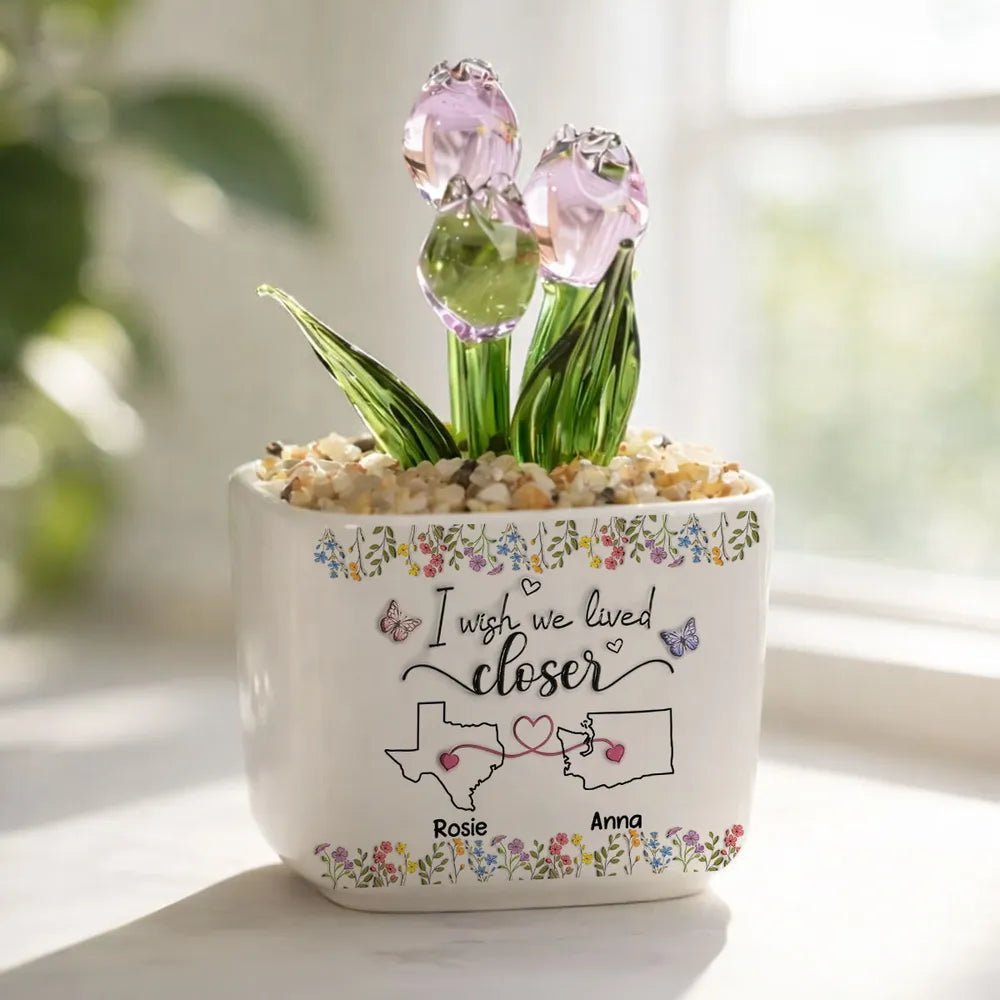 Personalized Square Glass Planter With Purple Tulips, I Wish We Lived Closer Unique Gift for Friend