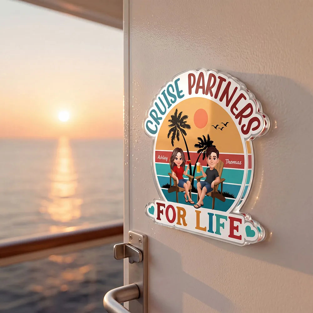 Personalized Acrylic Magnet Cruise Partners For Life Retro Sunset Couple Cruise Door Decor, Unique Gift for Couples