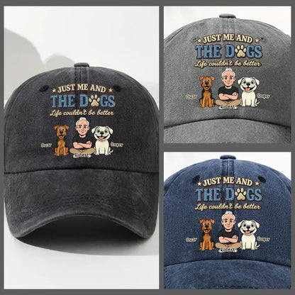 Just Me And The Dog Washed Denim Baseball Cap, Vintage Custom Creative Gift for Pet Owners