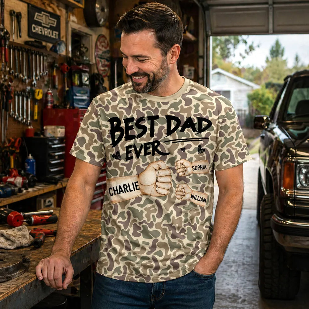 Personalized Best Dad Ever Printed Classic Tee, Camo Fist Bump Unique Father's Day Gift For Dad