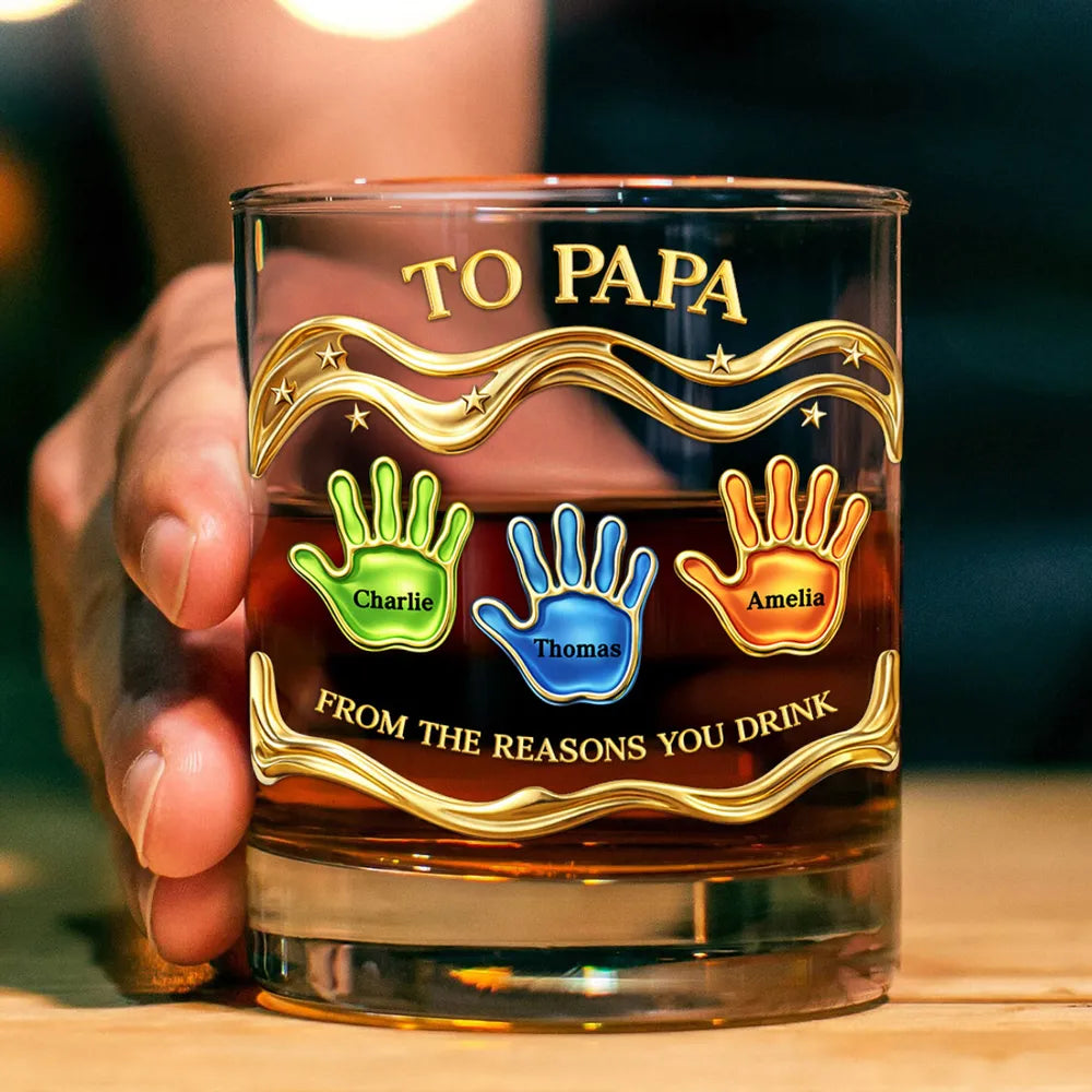 Personalized Whiskey Glass 'To Papa' From the Reasons You Drink, Handprint Design, Funny Unique Gift for Dad or Grandpa