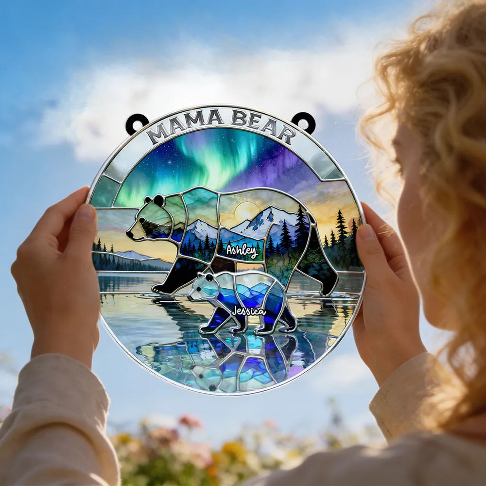 Acrylic Suncatcher Ornament with Stained Glass Style Bear Family Mountain Scene - Personalized Heartwarming Gift for Mom or Wife