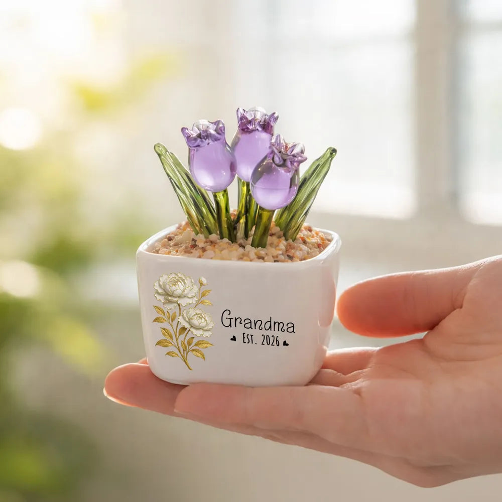 Personalized Square Glass Planter with Purple Tulips, Unique Creative Gift for Grandma, Floral Keepsake