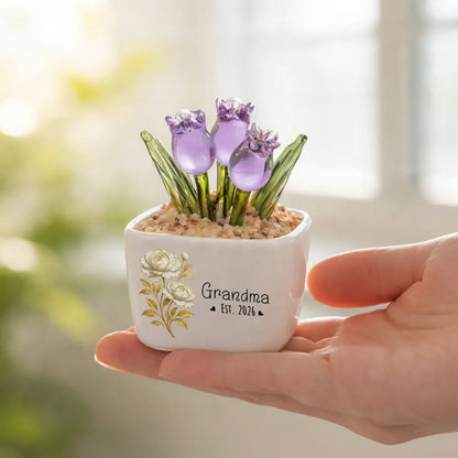 Personalized Square Glass Planter with Purple Tulips, Unique Creative Gift for Grandma, Floral Keepsake
