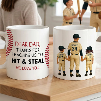 Personalized Ceramic Mug For Dad, Baseball Dad Holding Hands With Kids, Unique Father's Day Gift
