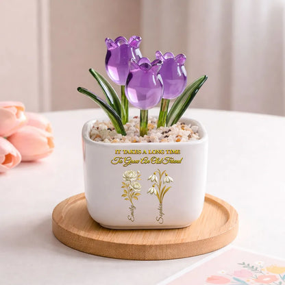 Personalized Square Glass Planter with Purple Tulips, Unique Creative Gift for an Old Friend