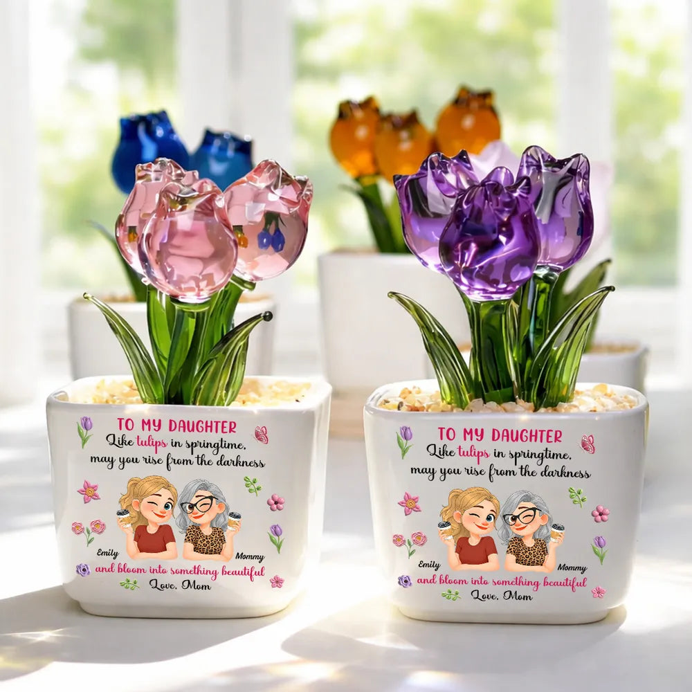 Personalized Square Glass Planter, Purple Tulip Daughter Gift from Mom, Unique Spring Keepsake