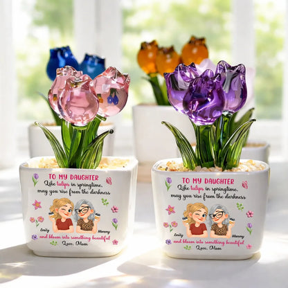 Personalized Square Glass Planter, Purple Tulip Daughter Gift from Mom, Unique Spring Keepsake