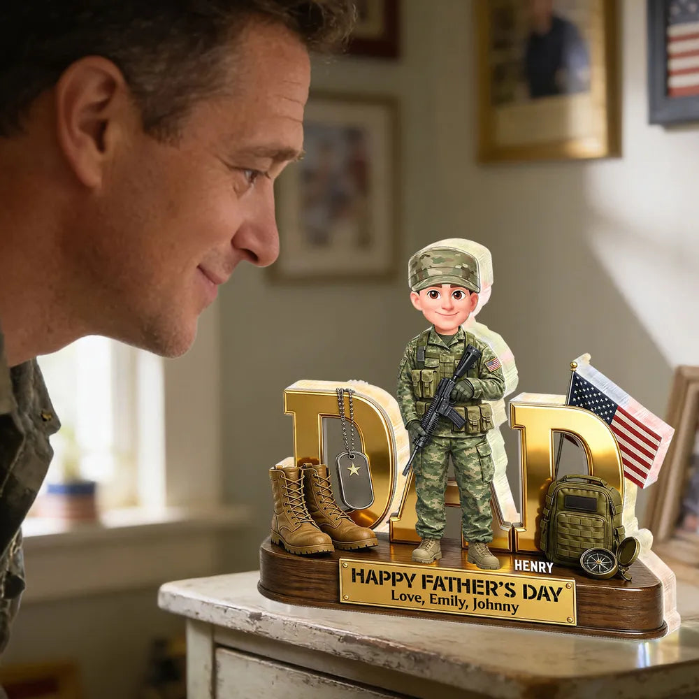 Personalized Shaped Acrylic Block Plaque Army Dad with US Flag & Gear, Father's Day Desk Decor, Unique Gift for Dad