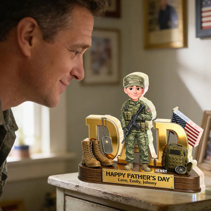 Personalized Shaped Acrylic Block Plaque Army Dad with US Flag & Gear, Father's Day Desk Decor, Unique Gift for Dad