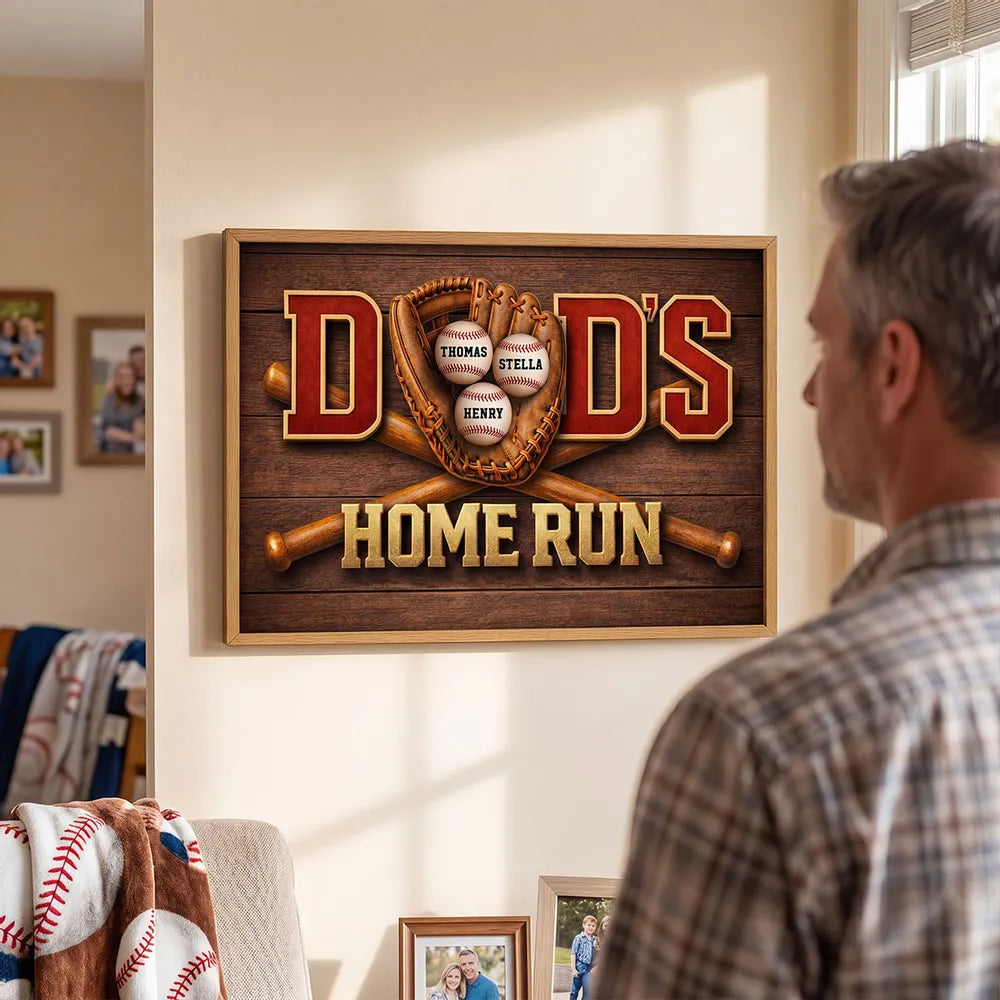 Home Run Dad Poster, Personalized Baseball Wall Art With Custom Names, Meaningful Gift for Dad's Office or Man Cave