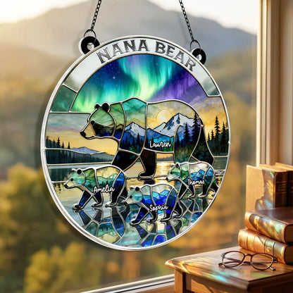 Acrylic Suncatcher Ornament with Stained Glass Style Bear Family Mountain Scene - Personalized Heartwarming Gift for Mom or Wife