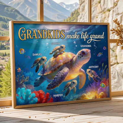 Grandkids Make Life Grand Sea Turtle Poster, Personalized Wall Art for Grandma, Heartwarming Ocean Decor, Creative Gift