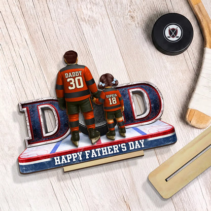 Personalized 2-Layer Wooden Plaque with Hockey Dad and Kid Holding Hands on the Rink - Unique Father's Day Gift
