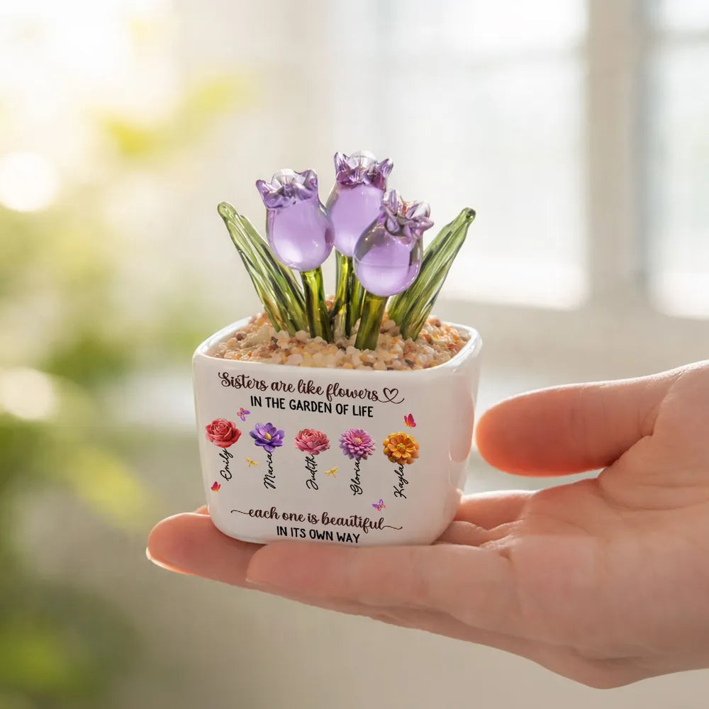 Square Glass Planter with Sisters Are Like Flowers Quote, Unique Creative Gift for Sister