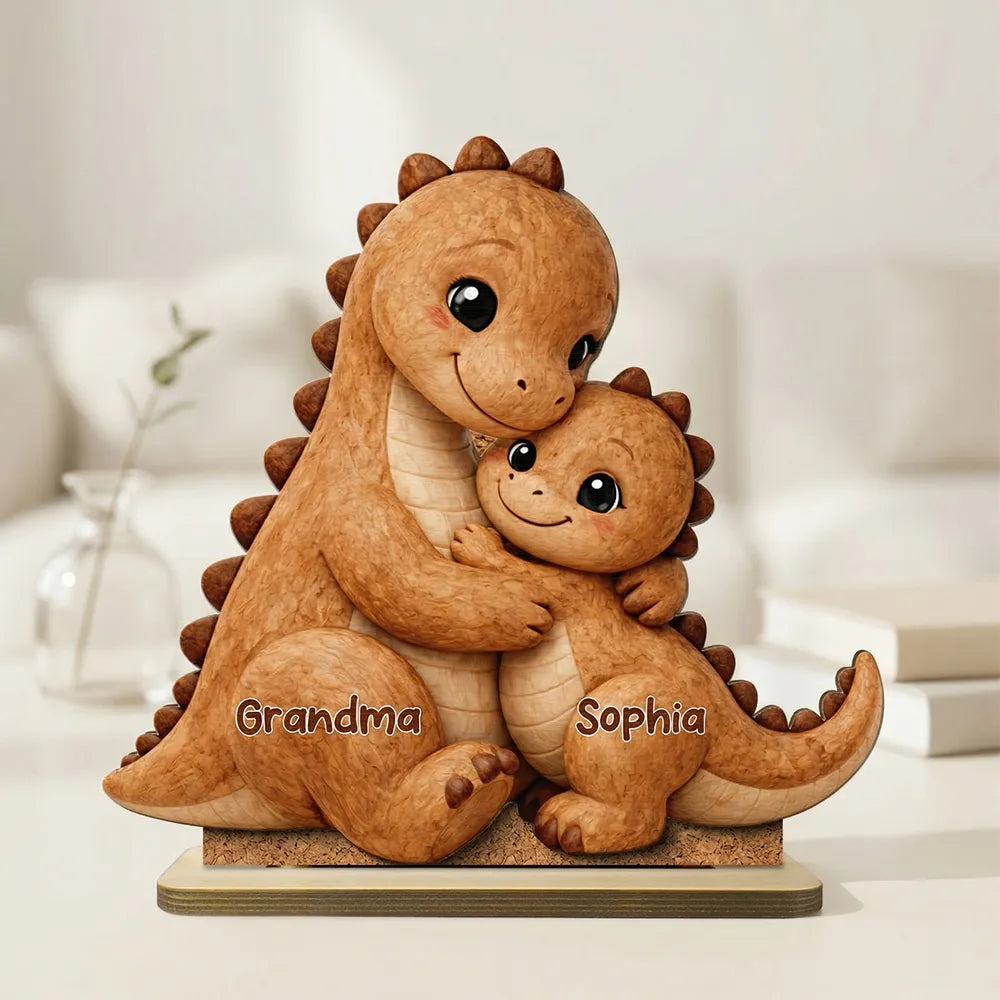 Personalized 2-Layer Wooden Plaque Cute Dino Grandma Hugging Grandchild Unique Gift for Grandma Mom - Heartwarming Keepsake