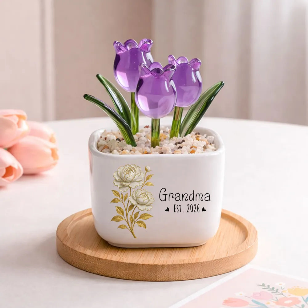 Personalized Square Glass Planter with Purple Tulips, Unique Creative Gift for Grandma, Floral Keepsake
