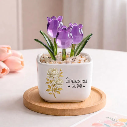 Personalized Square Glass Planter with Purple Tulips, Unique Creative Gift for Grandma, Floral Keepsake