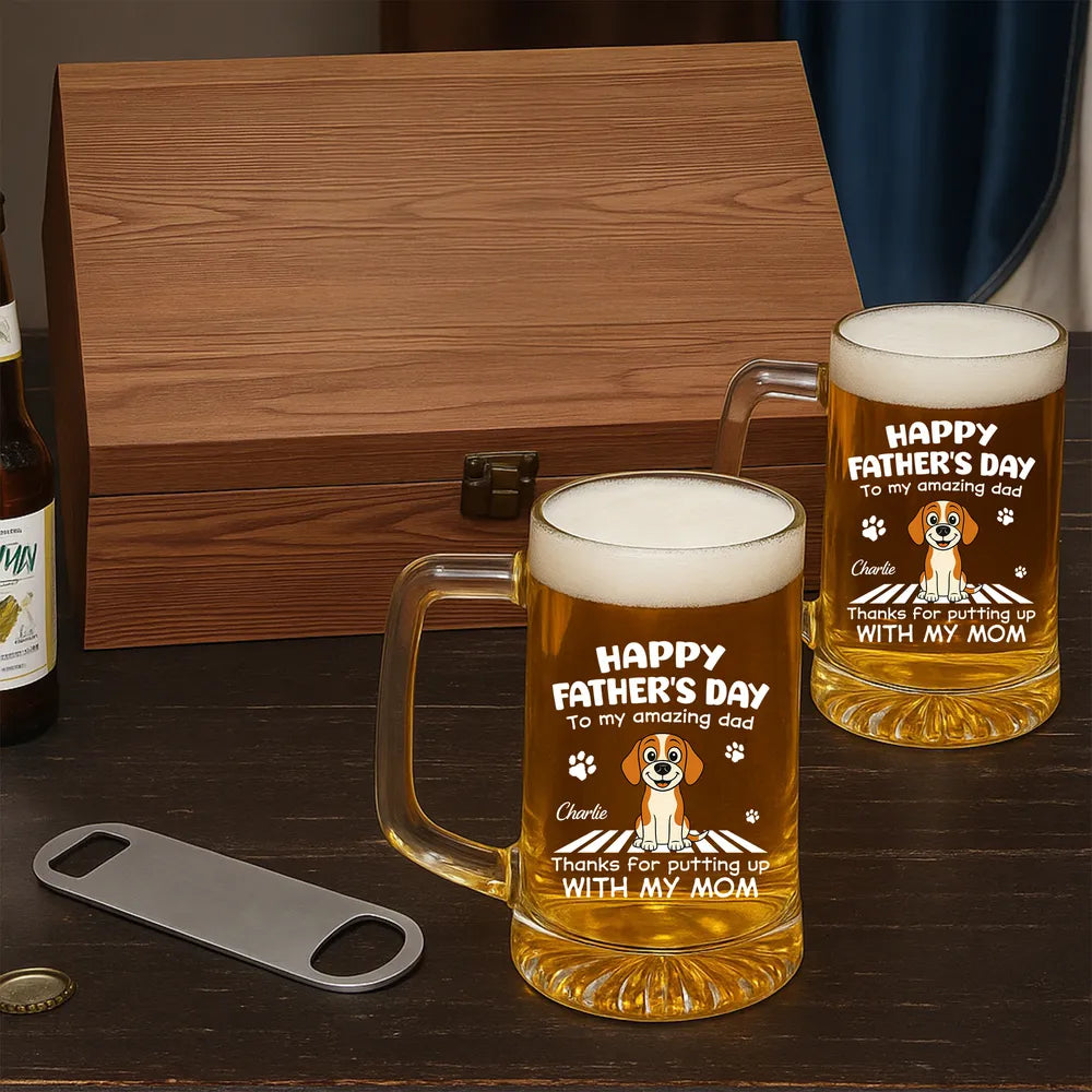 Personalized Handled Beer Glass With Funny Dog Art For Dad, Unique Father's Day Gift