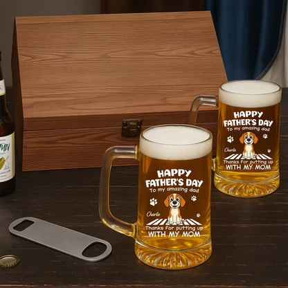 Personalized Handled Beer Glass With Funny Dog Art For Dad, Unique Father's Day Gift
