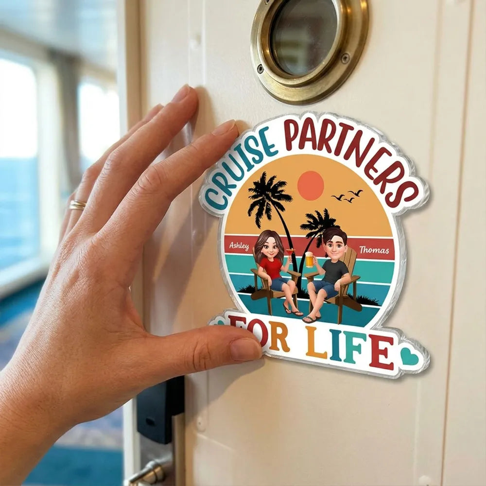Personalized Acrylic Magnet Cruise Partners For Life Retro Sunset Couple Cruise Door Decor, Unique Gift for Couples