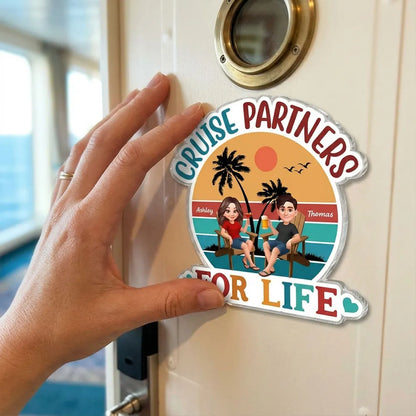 Personalized Acrylic Magnet Cruise Partners For Life Retro Sunset Couple Cruise Door Decor, Unique Gift for Couples