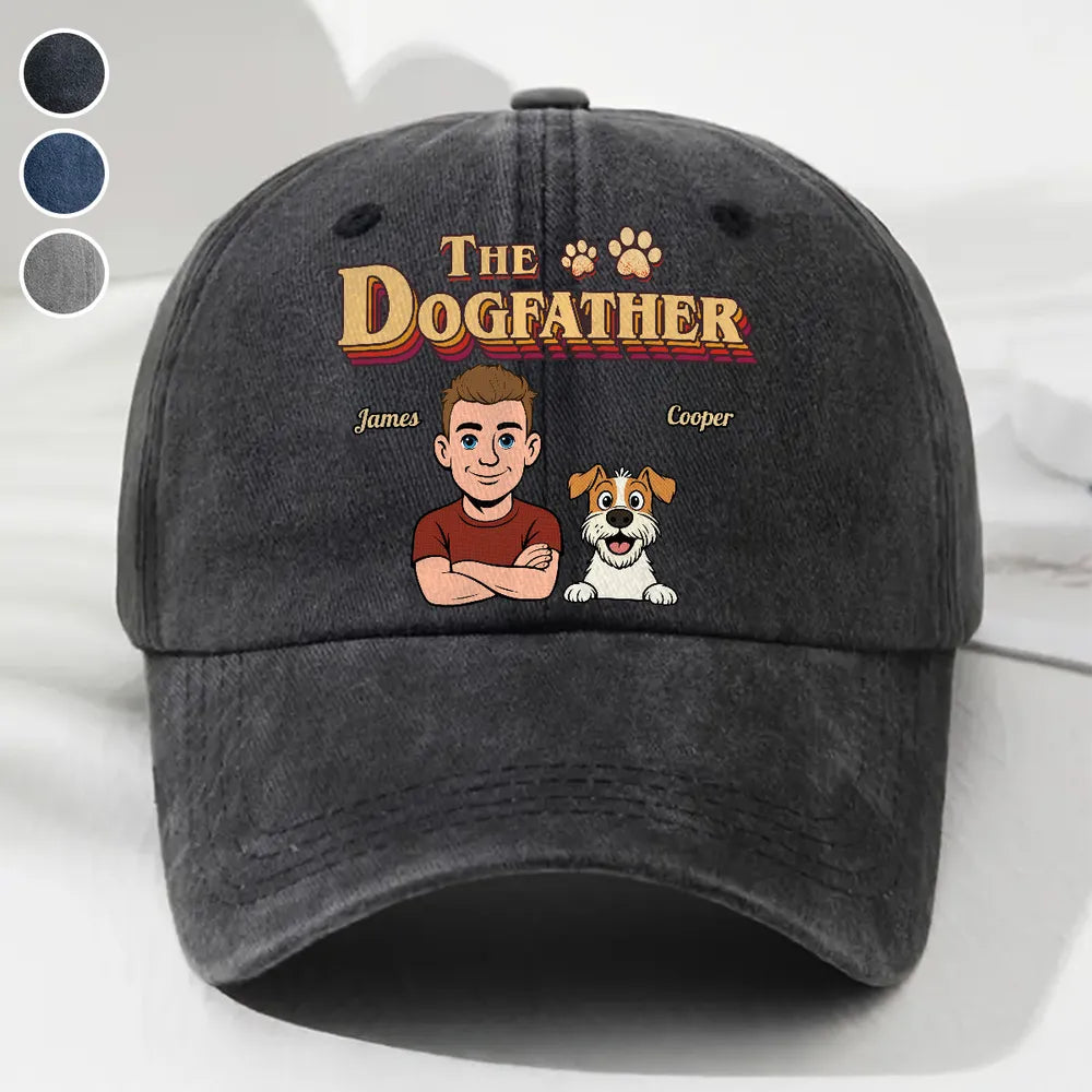 Personalized Washed Cotton Cap with Dog Dad Cartoon, Vintage The Dogfather Unique Gift for Dog Lovers