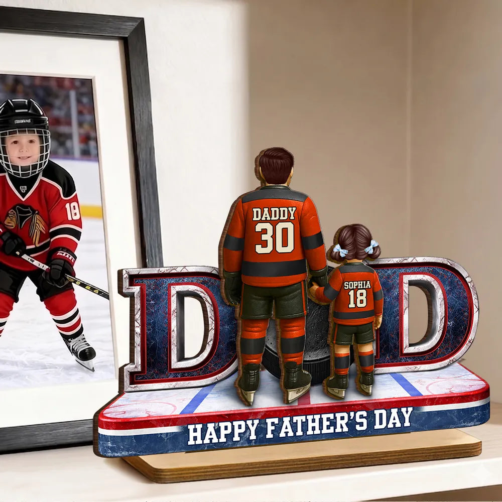 Personalized 2-Layer Wooden Plaque with Hockey Dad and Kid Holding Hands on the Rink - Unique Father's Day Gift