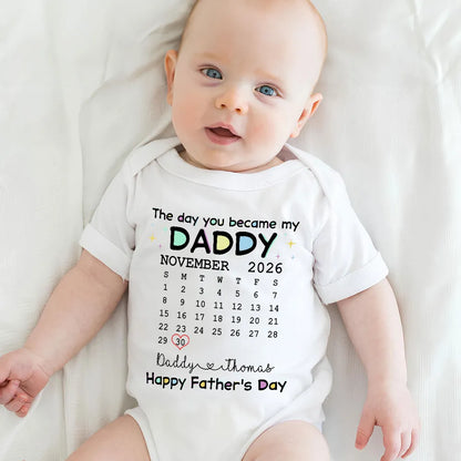 Short Sleeve Baby Onesie with Daddy Calendar Print, Unique Father's Day Gift for New Dad