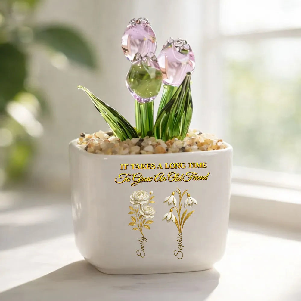 Personalized Square Glass Planter with Purple Tulips, Unique Creative Gift for an Old Friend