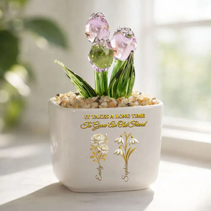 Personalized Square Glass Planter with Purple Tulips, Unique Creative Gift for an Old Friend