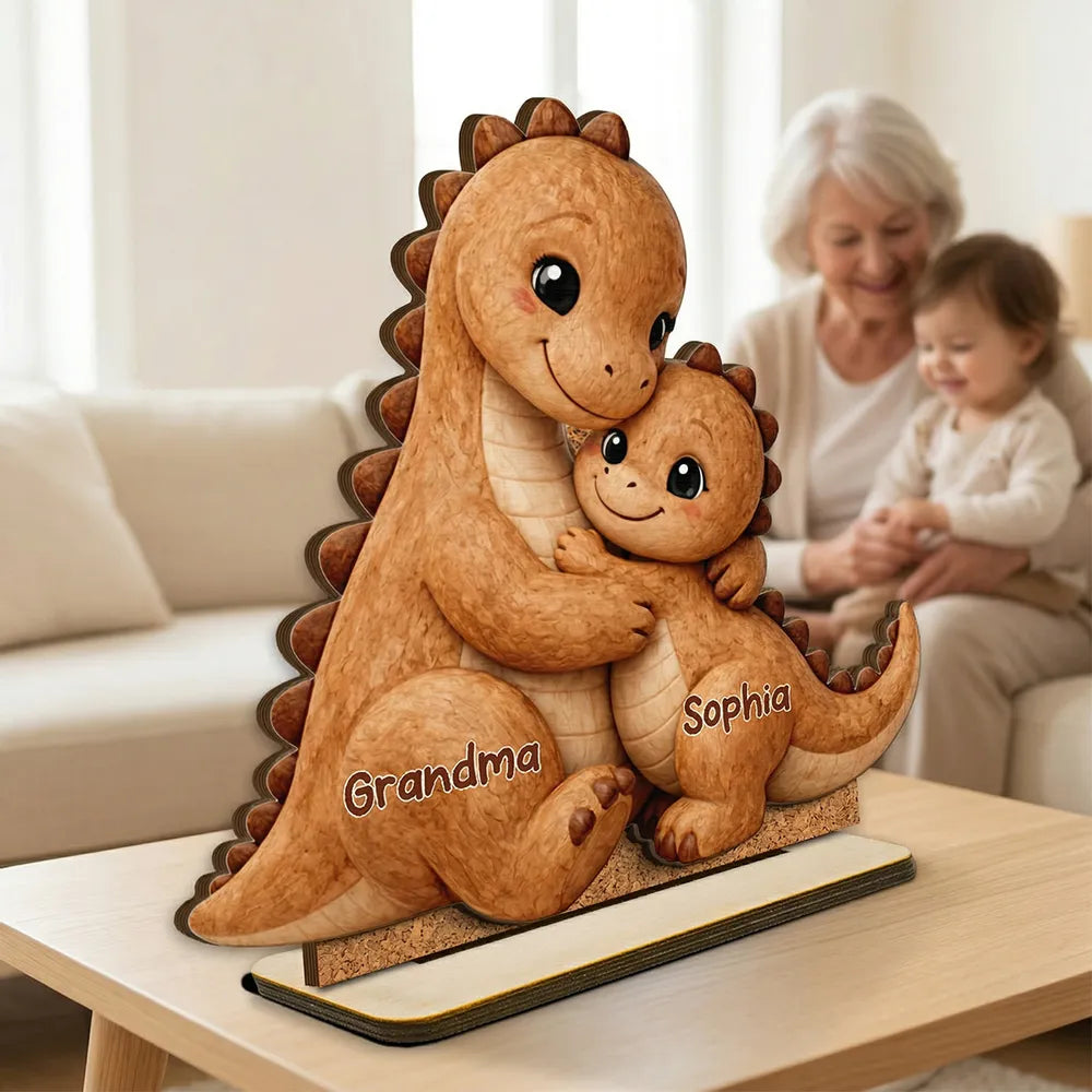 Personalized 2-Layer Wooden Plaque Cute Dino Grandma Hugging Grandchild Unique Gift for Grandma Mom - Heartwarming Keepsake
