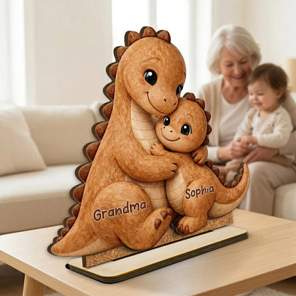 Personalized 2-Layer Wooden Plaque Cute Dino Grandma Hugging Grandchild Unique Gift for Grandma Mom - Heartwarming Keepsake