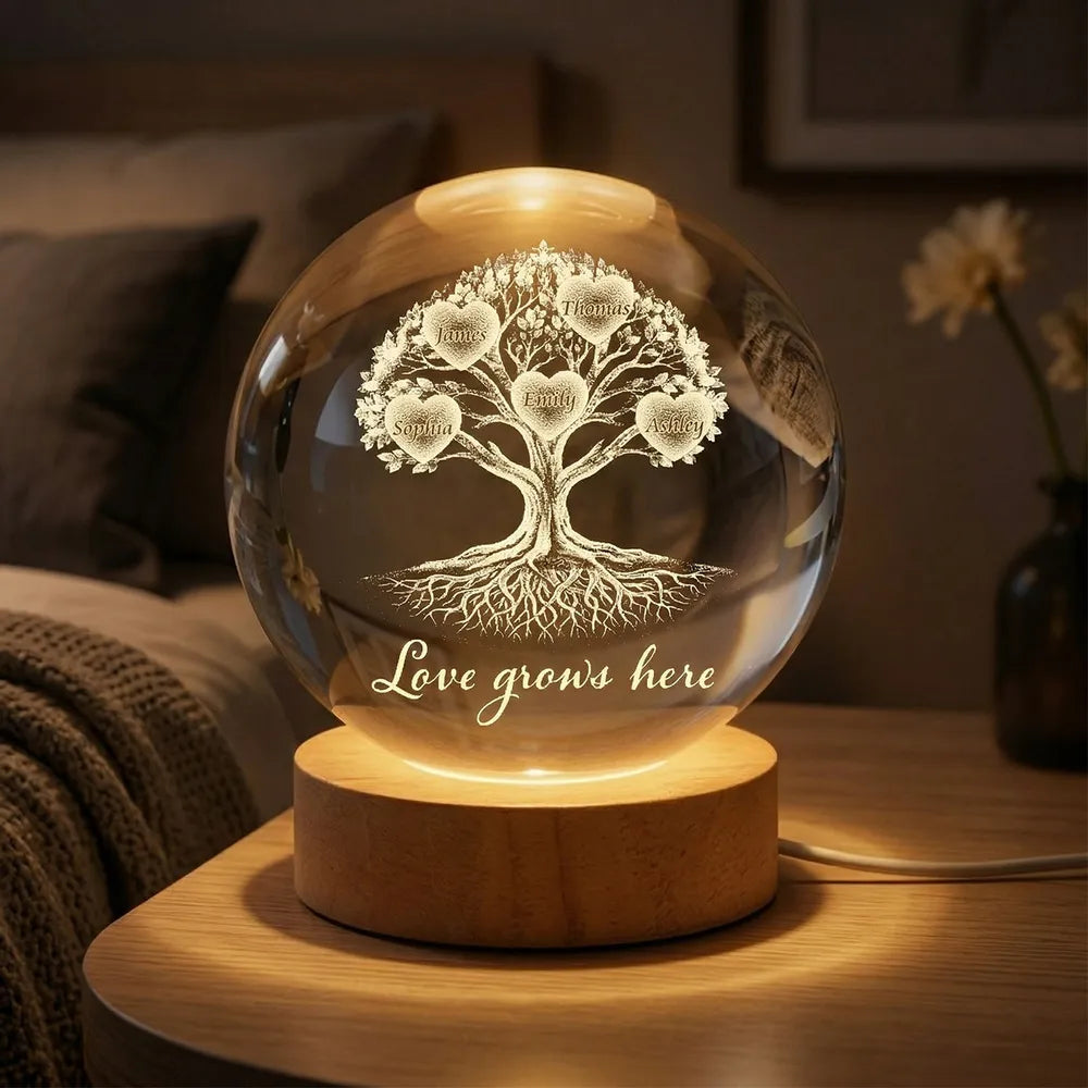 Personalized Globe Lamp with Heart Tree of Life and Love Grows Here, Unique Gift for Grandma and Family