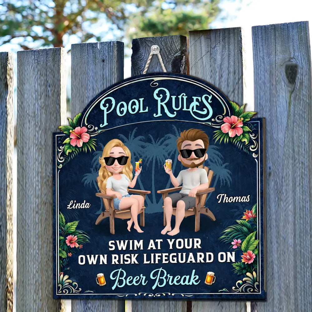 Personalized Wooden Sign With Seated Poolside Couple & Drinks, Unique Gift for Backyard Decor