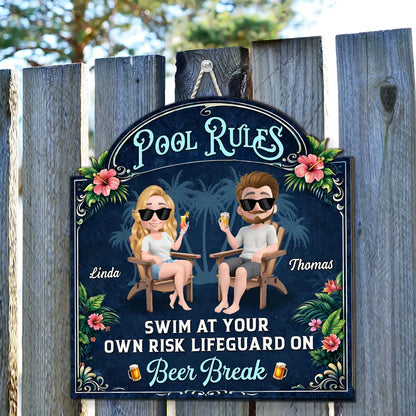 Personalized Wooden Sign With Seated Poolside Couple & Drinks, Unique Gift for Backyard Decor