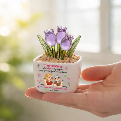 Personalized Square Glass Planter, Purple Tulip Daughter Gift from Mom, Unique Spring Keepsake