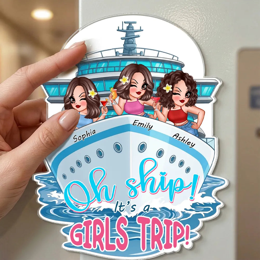 Personalized Cruising Besties Acrylic Magnet, Cute Friends on Cruise Ship Door Decor, Unique Girls Trip Gift