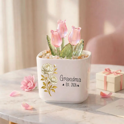 Personalized Square Glass Planter with Purple Tulips, Unique Creative Gift for Grandma, Floral Keepsake