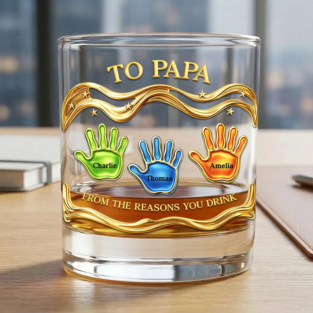 Personalized Whiskey Glass 'To Papa' From the Reasons You Drink, Handprint Design, Funny Unique Gift for Dad or Grandpa