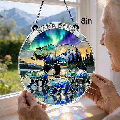 Acrylic Suncatcher Ornament with Stained Glass Style Bear Family Mountain Scene - Personalized Heartwarming Gift for Mom or Wife