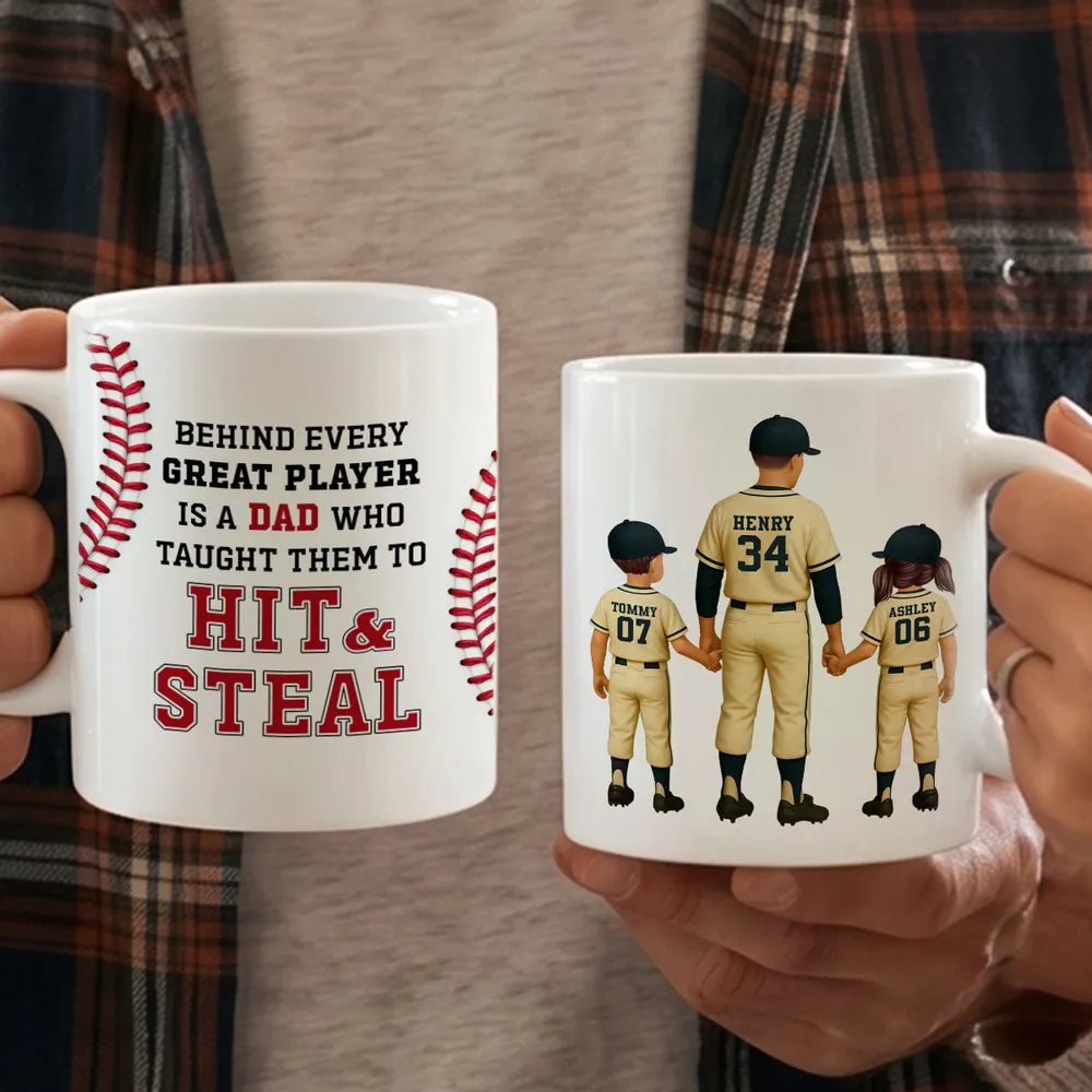 Personalized Ceramic Mug For Dad, Baseball Dad Holding Hands With Kids, Unique Father's Day Gift