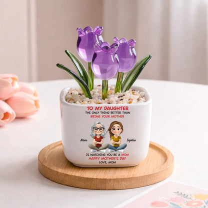 Personalized Square Glass Planter with Purple Tulips, Sitting Mother Daughter Cartoon, Unique Gift from Mom